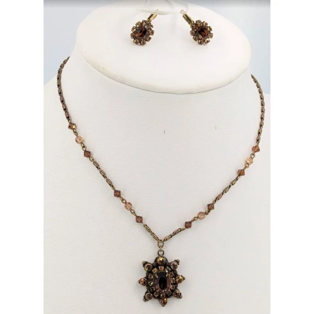 Liz Palacios Amber Crystal Necklace Earrings Set Gold Tone Signed 16 Inch Glam